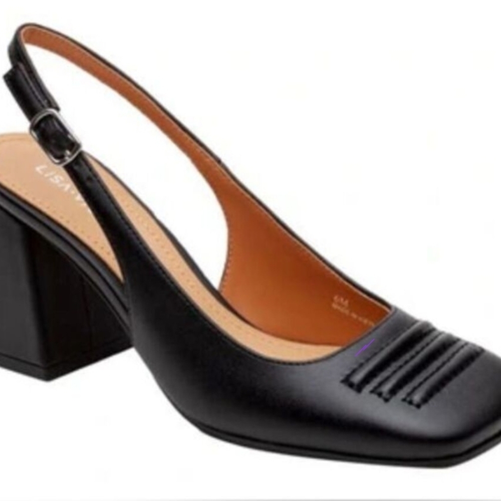 Lisa Vicky  Grand V Black Slingback Square Toe Block Heel Pump Shoe - Size 6 New